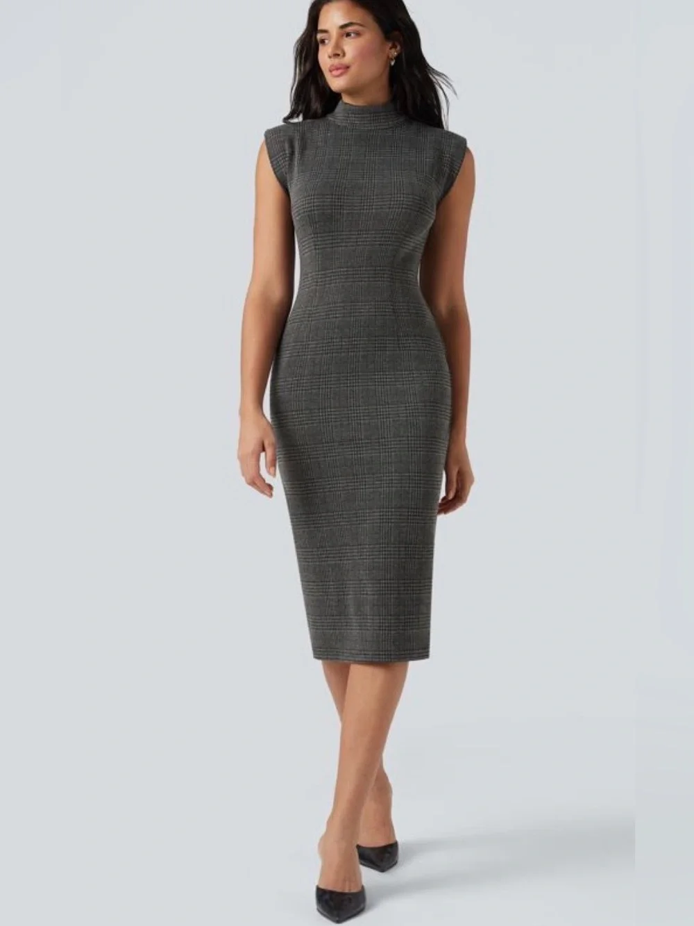 HALARA High Neck Sleeveless Bodycon Houndstooth Plaid Midi Work Dress - Picture 1 of 13